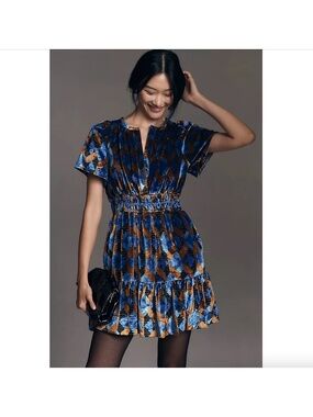 Anthropologie Somerset Mini Dress Velvet Edition Geometric Blue Women's Medium